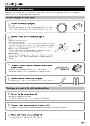 Page 9
Quick guide
Set the TV and antenna cables (Page 9)
Display:Select the location of the TV.
HDMI cable fixture/cushion: Connect the supplied HDMI cable with one side connected to the Display 
as in step  1 to the DISPLAY OUTPUT on the AVC System. Connect the 
cable to the AVC System with the supplied HDMI cable fixture/cushion.
Analogue/DVB-C/DVB-T antenna: Connect the antenna of an antenna system, cable system, or room 
antenna to the antenna terminal of the AVC System.
Satellite antenna: Connect an...