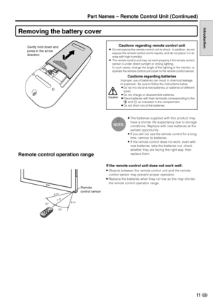 Page 1211 US
Introduction
Removing the battery cover
Cautions regarding remote control unit
»Do not expose the remote control unit to shock. In addition, do not
expose the remote control unit to liquids, and do not place it in an
area with high humidity.
»The remote control unit may not work properly if the remote control
sensor is under direct sunlight or strong lighting.
In such cases, change the angle of the lighting or the monitor, or
operate the remote control unit closer to the remote control sensor....