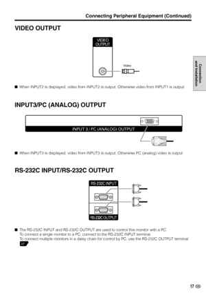 Page 1817 US
Connection
and Installation
VIDEO OUTPUT
When INPUT2 is displayed, video from INPUT2 is output. Otherwise video from INPUT1 is output.
INPUT3/PC (ANALOG) OUTPUT
When INPUT3 is displayed, video from INPUT3 is output. Otherwise PC (analog) video is output.
RS-232C INPUT/RS-232C OUTPUT
The RS-232C INPUT and RS-232C OUTPUT are used to control this monitor with a PC.
To connect a single monitor to a PC, connect to the RS-232C INPUT terminal.
To connect multiple monitors in a daisy chain for control...