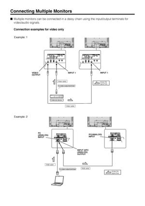 Page 21US20
Connecting Multiple Monitors
Multiple monitors can be connected in a daisy chain using the input/output terminals for
video/audio signals.
Connection examples for video only
INPUT 1 VIDEO 
OUTPUTINPUT 1
To video output terminalVideo cable
Video cable
External deviceshows the
signal flow.
2121

PC(ANALOG)
INPUT
INPUT 3/PC
(ANALOG)
OUTPUT PC
(ANALOG)
INPUT
To video output terminal
shows the
signal flow.
RGB cable
RGB cable
Example: 1
Example: 2
 