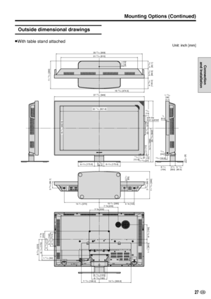 Page 2827 US
Connection
and Installation
Outside dimensional drawings
»With table stand attached
Mounting Options (Continued)
35-25/32 [909]
31-57/64 [810]
3-29/32
[99.5]3-
15/64
[82.1]2-5/16[58.8]
4-
17/64
[108.4]
11-13/32 [290]
18-43/64 [474.5]
37-23/64 [949]
3-28/32[98.4]6-27/32 [173.8] 6-27/32 [173.8]
22-33/64 [572]
25-
17/64 [642] 14-
5/32 [356]
32-11/32 [821.6]
18-7/32 [462.8]
30/64 [12]
31/64[12.3]1-29/64[37]
33/64[13]
3-11/64[80.5]2-3/16[55.5]6-1/16[154]
1/4[6.5]
1-13/32[36]
15/16[24]23/32 [18.5] 5/16...