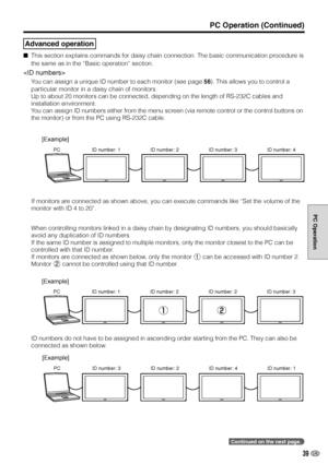 Page 4039 US
PC Operation
Continued on the next page.
Advanced operation
This section explains commands for daisy chain connection. The basic communication procedure is
the same as in the “Basic operation” section.

You can assign a unique ID number to each monitor (see page 56). This allows you to control a
particular monitor in a daisy chain of monitors.
Up to about 20 monitors can be connected, depending on the length of RS-232C cables and
installation environment.
You can assign ID numbers either from the...