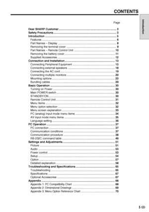 Page 65 US
Introduction
Page
Dear SHARP Customer ........................................................................... 3
Safety Precautions .................................................................................. 3
Introduction ............................................................................................. 5
Features .................................................................................................6
Part Names – Display...