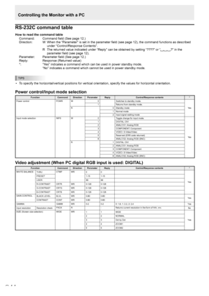 Page 14
E
14

RS-232C command table
How to read the command tableCommand:   Command field (See page 12.)
Direction:
  W   When the “Parameter” is set in the parameter field (see page 12), the command functions as described 
under “Control/Response Contents”.
  R   The returned value indicated under “Reply” can be obtained by setting “????\
” or “

?” in the 
parameter field (see page 12).
Parameter:
 
Parameter field (See page 12.)
Reply:
 
Response (Returned value)
*:
 
“Yes” indicates a command which can be...