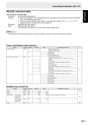 Page 31
ENGLISH
E
29

RS-232C command table
How to read the command tableCommand:  Command ﬁeld (See page 25.)
Direction:  W  When the “Parameter” is set in the parameter ﬁeld (see page 25), the command functions as described 
under “Control/Response Contents”.
  R  The returned value indicated under “Reply” can be obtained by setting “????”, “
?” or “???+” 
(repeater control) in the parameter ﬁeld (see page 25).
Parameter:  Parameter ﬁeld (See page 25.)
Reply:  Response (Returned value)
*:  “Yes” indicates...