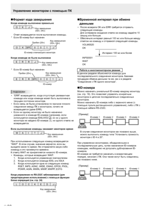 Page 136
P
26

Управление монитором с помощью ПК
Формат кода завершения
Когда команда выполнена правильно
O KКод завершения (0DH, 0AH)
Ответ возвращается после выполнения команды.
*  Если ID-номер был назначен
O KSPC 0 01
ID-номер отвечающего монитора
Пробел (20H)Код завершения (0DH, 0AH)
Когда команда не была выполнена
R REКод завершения (0DH, 0AH)
*  Если ID-номер был назначен
R RESPC 0 01
ID-номер
Пробел (20H)Код завершения (0DH, 0AH)
ПОДСКАЗКИ
•  “ERR” возвращается, когда отсутствует релевантная 
команда...