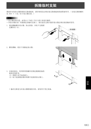 Page 159
汉语
13C

拆除临时支架
( 后视图 )
准备好安装显示器的壁挂支架或底座。请仔细阅读正确安装支架或底座的流程说明书。( 安装支架的螺丝
孔 (M10 × 4 孔 ) 位于显示器后部。)
小心
• 显示器比较沉重，必须由 2 个或 2 个以上的人来进行操作。
• 本显示器在出厂时被固定在临时支架上，请注意此支架只能供显示器正确安装前临时使用。
1. 通过抓柄抓住显示器，防止跌落，并取下支架固
定螺丝钉 (4)。
2. 抓住抓柄，托住下部抬起显示器。
3. 安装结束后，使用附带的螺丝钉固定随机配备的
底座孔保护盖。
(1) 将薄片水平向内插入。
(2) 取下连接覆盖物并将薄片连接到显示器上。
• 临时支架是为本显示器特别设计的。请勿用于其它设备。
 