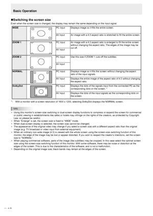 Page 18
E
16
Basic Operation
Switching the screen size
Even when the screen size is changed, the display may remain the same depending on the input signal.
WIDEPC inputDisplays image so it ﬁlls the entire screen.
AV input An image with a 4:3 aspect ratio is stretched to ﬁll the entire screen.
ZOOM 1PC inputAn image with a 4:3 aspect ratio is enlarged to ﬁll the entire screen 
without changing the aspect ratio. The edges of the image may be 
cut off.
AV input
ZOOM 2PC input Use this size if ZOOM 1 cuts off the...