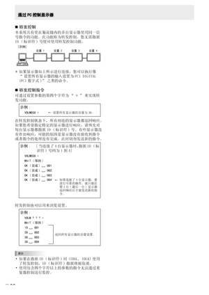 Page 174
C
28

通过 PC 控制显示器
转发控制
本系统具有使在菊花链内的多台显示器使用同一信
号指令的功能。此功能称为转发控制。您无需指派
ID ( 标识符 ) 号便可使用转发控制功能。
[示例]
设置 1设置 2设置 3设置 4
* 如果显示器如上所示进行连接，您可以执行像“ 设置所有显示器的输入设置为 PC1 DIGITAL 
(PC1 数字式 )” 之类的命令。
转发控制指令
可通过设置参数的第四个字符为 “ ＋ ” 来实现转
发功能。
示例 :
VOLM030 +←设置所有显示器的音量为30。
在转发控制状态下，所有相连的显示器都返回响应。
如果您希望指定特定的显示器进行响应，请预先对
每台显示器都指派 ID ( 标识符 ) 号。有些显示器没
有作出响应，可能的原因是显示器没有接收到指令
或者指令的处理没有完成。此时切勿发送新的指令。示例 :  [ 当连接了 4 台显示器时，指派 ID ( 标 识符 ) 号码为 1 到 4]
VOLM030 +
WAIT ( 等待 )
OK ( 完成 )  001
OK ( 完成 )  002
OK ( 完成 )  003
OK ( 完成 )...