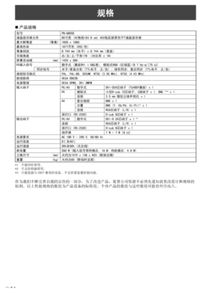 Page 180
34C
规格
产品规格
型号 PN-G655E
液晶显示器元件 65寸宽 (对角线163.9 cm) ASV低反射黑色TFT液晶显示器
最大解像度 (像素) 1920 x 1080
最高色彩 1677万色 (8位/色)
像素间距 0.744 mm (水平) x 0.744 mm (垂直)
可视角度  右/左/上/下各176°(对比率 ≥ 10)
屏幕活动域 (mm) 1428 x 804
PC输入信号  数字式 (兼容DVI 1.0标准), 模拟式RGB (红绿蓝)(0.7 Vp-p)[75 Ω]
 同步信号 水平/垂直分割 (TTL电平: 正/负) ，绿色同步，复合同步 (TTL电平: 正/负) 
视频信号制式  PAL, PAL-60, SECAM, NTSC (3.58 MHz), NTSC (4.43 MHz)
即插即用  VESA DDC2B
电源管理  VESA DPMS, DVI DMPM
输入端子   PC/AV 数字式 DVI-D24芯端子 (与HDCP兼容) x 1
   
PC 模拟式 小型D-sub 15芯端子，3排端子 x 1, BNC *1*2 x 1
   
 音频...