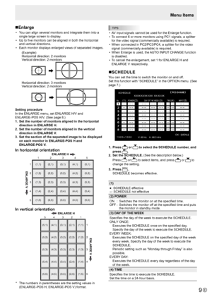 Page 9E9
Menu Items
n Enlarge
• 
You can align several monitors and integrate them into a 
single large screen to display.
•  Up to five monitors can be aligned in both the horizontal 
and vertical directions.
•  Each monitor displays enlarged views of separated images.
(Example)
Horizontal direction: 2 monitor s
Ve rtical direction: 2 monitor s
Horizontal direction: 3 monitor s
Ve rtical direction: 2 monitor s
Setting procedure
In the ENLARGE menu, set ENLARGE H/V and  
ENLARGE-POS H/V. (See page 8.)
1.  Set...