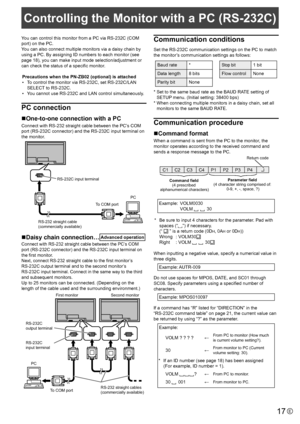 Page 1717E
Controlling the Monitor with a PC (RS-232C)
You can control this monitor from a PC via RS-232C (COM 
port) on the PC.
You can also connect multiple monitors via a daisy chain by 
using a PC. By assigning ID numbers to each monitor (see 
page 18), you can make input mode selection/adjustment or 
can check the status of a specific monitor.Precautions when the PN-ZB02 (optional) is attached
•  To control the monitor via RS-232C, set RS-232C/LAN 
SELECT to RS-232C.
•  You cannot use RS-232C and LAN...