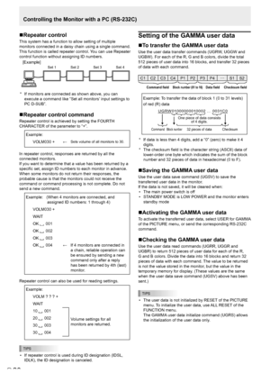 Page 20E20
Controlling the Monitor with a PC (RS-232C)
n Repeater control
This system has a function to allow setting of multiple 
monitors connected in a daisy chain using a single command. 
This function is called repeater control. You can use Repeater 
control function without assigning ID numbers.
[Example] 
Set 1 
  Set 2 
Set 3S et 4
*  If monitors are connected as shown above, you can 
execute a command like “Set all monitors’ input settings to 
PC D-SUB”.
nRepeater control command
Repeater control is...