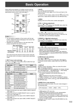 Page 55E
Basic Operation
When performing operation of multiple monitors with the 
remote control unit, first set the remote control unit to the 
appropriate remote control mode (see page 7).
1
2 3
4
5
6
7
8
TIPS
• 
You can perform operation of the monitor with the rear 
buttons. Utilize the buttons belonging to the monitor that 
you would like to operate.
•  Operation by using the buttons on the rear side of the 
product will perform the same functions.
Rear side buttons
Remote control 
unit buttons
  This...