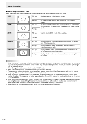 Page 6E6
Basic Operation
n Switching the screen size
Even when the screen size is changed, the display may remain the same de\
pending on the input signal.
WIDEPC input
Displays image so it fills the entire screen.
AV input An image with a 4:3 aspect ratio is stretched to fill the entire 
screen.
ZOOM 1
PC input An image with a 4:3 aspect ratio is enlarged to fill the entire screen 
without changing the aspect ratio. The edges of the image may be 
cut off.
AV input
ZOOM 2
PC input Use this size if ZOOM 1 cuts...