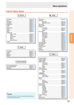 Page 33
31
Operation
List of menu items
Menu operations
Picture
AV Mode  ......................................................Page 32OPC   .............................................................Page 32Backlight   ......................................................Page 32Contrast   .......................................................Page 32Brightness   ....................................................Page 32Color   ............................................................Page 32Tint...