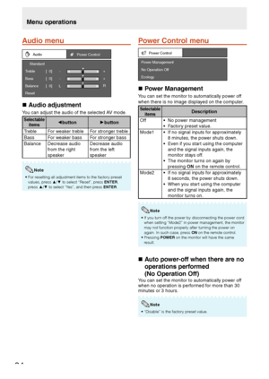 Page 36
34

Audio menu
Audio 
Treble 
Bass 
Balance 
Reset 
[  0] 
[  0] 
- 
L
+ 
[  0] - + 
R 
Standard
Power Control 
n Audio adjustment
You can adjust the audio of the selected AV mode.
Selectable items◄button ►button
TrebleFor weaker trebleFor stronger treble
BassFor weaker bassFor stronger bass
BalanceDecrease audio 
from the right 
speaker
Decrease audio 
from the left 
speaker
•	For	resetting	all	adjustment	items	to	the	factory	preset	values,	press	▲/▼ 	to	select	“Reset”,	press	ENTER ,	
press	▲/▼ 	to...