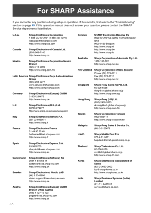 Page 48
46

For SHARP Assistance
If you encounter any problems during setup or operation of this monitor, first refer to the “Troubleshooting” 
section on page 45. If this operation manual does not answer your question, please contact the SHARP 
Service departments listed below.
U.S.A. Sharp Electronics Corporation
  -888-GO-SHARP (-888-467-477) 
lcdsupport@sharpsec.com
  http://www.sharpusa.com 
Canada Sharp Electronics of Canada Ltd.
  (905) 568-740 
  http://www.sharp.ca
    Mexico Sharp...