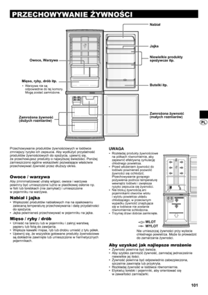 Page 101111
 
 
 
 
PRZECHOWYWANIE ŻYWNOŚCI
Przechowywanie produktów żywnościowych w lodówce 
zmniejszy ryzyko ich zepsucia. Aby wydłużyć przydatność 
produktów żywnościowych do spożycia, upewnij się,  
że przechowujesz produkty o najwyższej świeżości. Poniżej 
zamieszczono ogólne wskazówki pozwalające właściwie 
przechowywać żywność przez dłuższy okres.
Owoce / warzywa
Aby zminimalizować utratę wilgoci, owoce i warzywa 
powinny być umieszczone luźno w plastikowej osłonie np.  
w folii lub torebkach (nie...