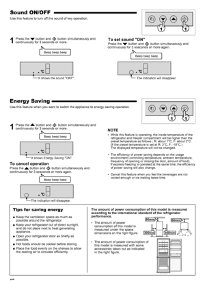 Page 1212
Sound ON/OFF
Use this feature to turn off the sound of key operation.
1  Press the  button and  button simultaneously and 
continuously for 3 seconds or more. 
  
To set sound "ON"
Press the  button and  button simultaneously and 
continuously for 3 sceconds or more again.  
Energy Saving
Use this feature when you want to switch the appliance to energy-saving \
operation.
1  Press the  button and  button simultaneously and 
continuously for 3 seconds or more.
To cancel operation
Press the...