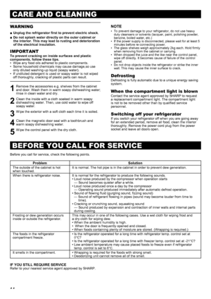 Page 1414
CARE AND CLEANING
BEFORE YOU CALL FOR SERVICE
WARNING
Unplug the refrigerator first to prevent electric shock.
 
■
Do not splash water directly on the outer cabinet or 
 
■
the interior . This may lead to rusting and deterioration 
of the electrical insulation .
IMPORTANT
To prevent cracking on inside surfaces and plastic
components, follow these tips .
•  Wipe any food oils adhered to plastic components.
•  Some household chemicals may cause damage,so use only diluted washing-up liquid (soapy...
