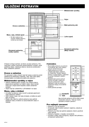 Page 134134
 
 
 
 
ULOŽENÍ POTRAVIN
Chlazení snižuje rychlost, se kterou se kazí potraviny. Pro 
maximální udržení čerstvosti potravinářských výrobků, které 
podléhají zkáze, následuje obecný návod pro prodloužení 
doby uskladnění potravin. 
Ovoce a zelenina
Pro zamezení ztráty vlhkosti mají být ovoce a zelenina volně 
zabalené do plastového materiálu, např. fólie nebo sáčků 
(neuzavírejte), a umístěné do oddílu pro zeleninu.
Mlékárenské výrobky a vejce
Většina mlékárenských výrobků má uvedeno datum 
•...