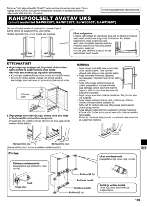 Page 169169
Ainult majapidamises kasutamiseks
ETTEVAATUST
Ärge avage ega sulgege ust järgmistes olukordades. 
 
■
Sama kehtib ka sügavkülmiku ukse kohta.
Uks võib eest kukkuda ja vigastusi põhjustada.
Kui mingid objektid jäävad ukse juurde kinni (
• 
 osad).
Kui ust on raske avada. Avage uks teiselt poolt ja 
• 
kontrollige, kas mõni ese on sinna kinni jäänud või mitte.
Ärge pange oma käsi või jalgu avatud ukse alla. Olge 
 
■
eriti ettevaatlik mehaanilise osa juures.
(Vigastuste oht, näiteks võivad sõrmed või...