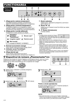 Page 11811 8
FUNCŢIONAREA
Panou de 
comandăAfişaj pentru setarea temperaturii
1. 
Este afişată temperatura presetată a compartimentului 
selectat. Nu este temperatura existentă acum în compartiment.
Afişaj pentru controlul temperaturii
2. 
Temperatura frigiderului şi a congelatorului poate fi 
selectată. Indicatorul temperaturii va lumina atunci când 
compartimentul este selectat să işi schimbe temperatura.
Afişaj pentru iconiţă adiţională
3. 
Pictogramele funcţiilor activate sunt afişate.
Dispozitivul 
de...