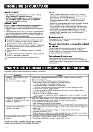 Page 124124
ÎNGRIJIRE ŞI CURĂŢARE
ÎNAINTE DE A CHEMA SERVICIUL DE DEPANARE
AVERTISMENT
Mai întâi întrerupeţi alimentarea cu curent electric 
 
■
pentru prevenirea şocurilor electrice.
Nu împroşcaţi cu apă direct pe exteriorul carcasei 
 
■
sau în interior. Aceasta poate duce la ruginire şi 
deteriorarea izolaţiei electrice.
IMPORTANT
Pentru a preveni crăparea suprafeţelor interioare şi a 
componentelor de plastic, urmaţi aceste sfaturi.Ştergeţi uleiurile alimentare depuse pe componentele de 
• 
plastic.
Unele...