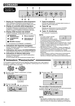 Page 3030
COMANDI
Pannello di 
controllo LCD
Display per l’impostazione della temperatura
1 . 
Viene visualizzata la temperatura preimpostata del vano 
selezionato. Non si tratta della temperatura effettiva del vano.
Display di controllo della temperatura
2 . 
È possibile selezionare la temperatura del frigorifero e del 
congelatore. L’indicatore della temperatura si accende 
quando si sceglie di modificare la temperatura del vano.
Display delle funzioni dei simboli
3 . 
Vengono visualizzati i simboli delle...