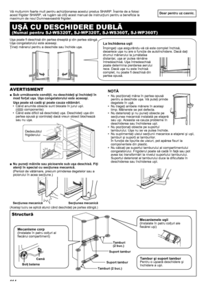 Page 11411 4
Doar pentru uz casnic.
AVERTISMENT
Sub următoarele condiţii, nu deschideţi şi închideţi în 
 
■
mod forţat uşa. Uşa congelatorului este aceeaşi.
Uşa poate să cadă şi poate cauza vătămări.Când anumite obiecte sunt blocate în jurul uşii.  
• 
(
 componente)
Când este dificil să deschideţi uşa. Deschideţi uşa din 
• 
partea opusă şi controlaţi dacă vreun obiect blochează 
sau nu uşa.
Nu puneţi mâinile sau picioarele sub uşa deschisă. Fiţi 
 
■
atenţi în special cu secţiunea mecanică.
(Pericol de...
