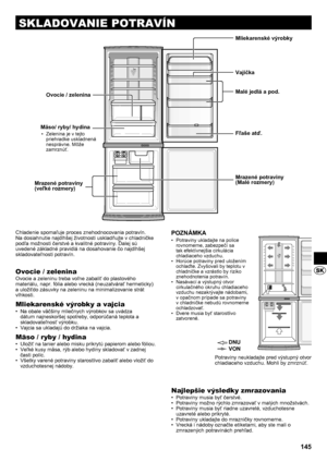 Page 145145
 
 
 
 
SKLADOVANIE POTRAVÍN
Chladenie spomaľuje proces znehodnocovania potravín. 
Na dosiahnutie najdlhšej životnosti uskladňujte v chladničke 
podľa možnosti čerstvé a kvalitné potraviny. Ďalej sú 
uvedené základné pravidlá na dosahovanie čo najdlhšej 
skladovateľnosti potravín.
Ovocie / zelenina
Ovocie a zeleninu treba voľne zabaliť do plastového 
materiálu, napr. fólia alebo vrecká (neuzatvárať hermeticky) 
a uložiťdo zásuvky na zeleninu na minimalizovanie strát 
vlhkosti.
Mliekarenské výrobky a...