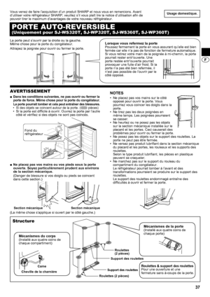 Page 3737
Usage domestique .
AVERTISSEMENT
Dans les conditions suivantes, ne pas ouvrir ou fermer la 
 
■
porte de force .  Même chose pour la porte du congélateur .
La porte pourrait tomber et cela peut entraîner des blessures .Si des objets se coincent autour de la porte. (
•  pièces)Si la porte est difficile à ouvrir. Ouvrez la porte par l’autre 
• 
côté et vérifiez si des objets ne sont pas coincés.
Ne placez pas vos mains ou vos pieds sous la porte 
 
■
ouverte . Soyez particulièrement prudent aux environs...