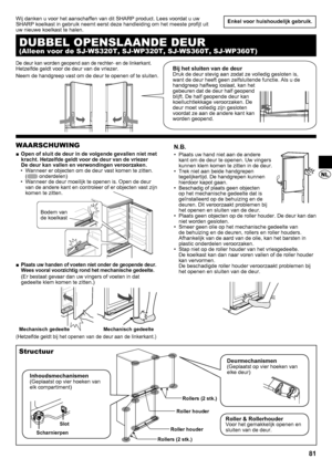 Page 8181
Enkel voor huishoudelijk gebruik .
WAARSCHUWING
Open of sluit de deur in de volgende gevallen niet met 
 
■
kracht . Hetzelfde geldt voor de deur van de vriezer
De deur kan vallen en verwondingen veroorzaken .Wanneer er objecten om de deur vast komen te zitten.  
• 
(
 onderdelen)
Wanneer de deur moeilijk te openen is. Open de deur 
• 
van de andere kant en controleer of er objecten vast zijn 
komen te zitten.
Plaats uw handen of voeten niet onder de geopende deur . 
 
■
Wees vooral voorzichtig rond...