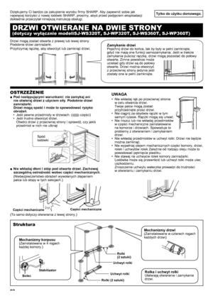 Page 9292
Tylko do użytku domowego.
OSTRZEŻENIE
Pod następującymi warunkami: nie zamykaj ani 
 
■
nie otwieraj drzwi z użyciem siły. Podobnie drzwi 
zamrażarki.
Drzwi mogą spaść i może to spowodować ryzyko 
obrażeń.Jeśli pewne przedmioty w drzwiach. (
• 
 części)
Jeśli trudno otworzyć drzwi.  
• 
Otwórz drzwi z przeciwnej strony i sprawdź, czy jakiś 
przedmiot w nich nie utknął.
Nie wkładaj dłoni i stóp pod otwarte drzwi. Zachowaj 
 
■
szczególną ostrożność wobec części mechanicznych.
(Niebezpieczeństwo obrażeń...