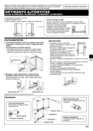 Page 103113
Kizárólag háztartási használatra.
FIGYELMEZTETÉS
A következő feltételek mellett ne próbálja meg kinyitni 
 
■
vagy bezárni erőszakosan az ajtót. A fagyasztó ajtaja 
szintén.
Az ajtó leeshet és sérülést okozhat.Ha tárgyak szorulnak be az ajtó körül. (
• 
 részek)
Ha az ajtót nehéz kinyitni. Nyissa ki az ajtót a másik 
• 
oldalról, és ellenőrizze, hogy nem szorult-e be valami.
Ne tegye a kezét vagy lábfejét a nyitott ajtó alá. 
 
■
Különösen legyen óvatos a mechanikai résznél.
(Sérülésveszély, pl. az...