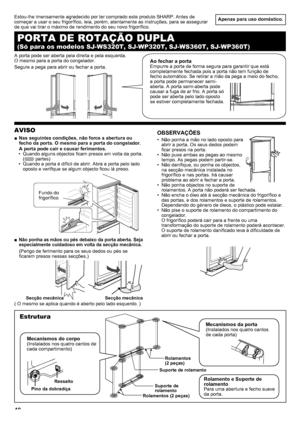 Page 4848
Apenas para uso doméstico .
AVISO
Nas seguintes condições, não force a abertura ou 
 
■
fecho da porta . O mesmo para a porta do congelador .
A porta pode cair e causar ferimentos .Quando alguns objectos ficam presos em volta da porta. 
• 
(
 partes)
Quando a porta é difícil de abrir. Abra a porta pelo lado 
• 
oposto e verifique se algum objecto ficou lá preso.
Não ponha as mãos ou pés debaixo da porta aberta  . Seja 
 
■
especialmente cuidadoso em volta da secção mecânica .
(Perigo de ferimento para...