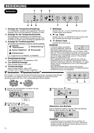 Page 7474
BEDIENUNG
BedienfeldAnzeige der Temperatureinstellung
1 . 
Die voreingestellte Temperatur des ausgewählten Fachs wird 
angezeigt. Dies ist nicht die eigentliche Temperatur im Abteil.
Anzeige für die Temperaturkontrolle
2 . 
Die Temperatur von Kühlschrank und Tiefkühler kann 
eingestellt werden. Die Temperaturanzeige leuchtet, wenn 
ein Abteil zum Ändern seiner Temperatur ausgewählt wird.
Anzeige für Funktionssymbol
3 . 
Die Symbole der aktivierten Funktionen werden angezeigt.
Ionisator...