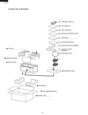 Page 2018
R-1870
R-1871
PACKING AND ACCESSORIES
 2-1
4-3
TURNTABLE TRAY 
TOP PAD
BOTTOM PAD
PACKING CASEACCESSORY PACK WRAP COVER
Non-replaceable items
DOOR PROTECTOR
GREASE FILTER (x 2)
INSTALL MATERIAL ASSEMBLY
6-1
6-2
6-3
OPERATION MANUAL WALL TEMPLATE
INSTALLATION INSTRUCTION 6-4
TOP TEMPLATE
6-5
EXHAUST DAMPER
ASSEMBLY 4-1
6-9
6-10
6-7
COOK BOOK 