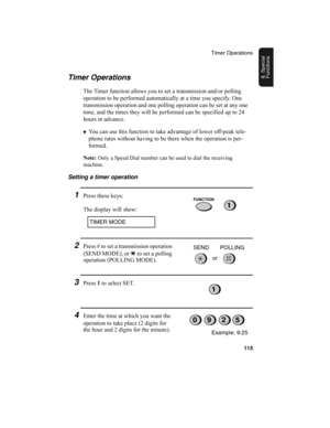 Page 117Timer Operations
115
8. Special 
FunctionsTimer Operations
The Timer function allows you to set a transmission and/or polling 
operation to be performed automatically at a time you specify. One 
transmission operation and one polling operation can be set at any one 
time, and the times they will be performed can be specified up to 24 
hours in advance.
♦
You can use this function to take advantage of lower off-peak tele-
phone rates without having to be there when the operation is per-
formed.
Note: Only...