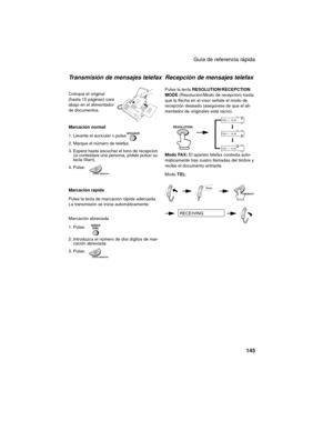 Page 147Guía de referencia rápida
145
Transmisión de mensajes telefax
Coloque el original 
(hasta 10 páginas) cara 
abajo en el alimentador 
de documentos.
Marcación normal 
1. Levante el auricular o pulse: 
2. Marque el número de telefax.
3. Espere hasta escuchar el tono de recepción 
(si contestara una persona, pídale pulsar su 
tecla Start). 
4. Pulse:
Marcación rápida
Pulse la tecla de marcación rápida adecuada.
La transmisión se inicia automáticamente.
Marcación abreviada  
1. Pulse: 
2. Introduzca el...