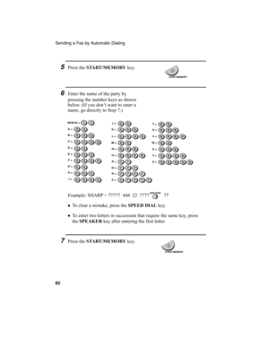 Page 64Sending a Fax by Automatic Dialing
62
SPEAKER
5Press the START /MEMORY
 key.
6Enter the name of the party by 
pressing the number keys as shown 
below. (If you don’t want to enter a 
name, go directly to Step 7.)
Example: SHARP = 77777  444  22  7777            77
♦
To clear a mistake, press the SPEED DIAL
 key.
♦
To enter two letters in succession that require the same key, press 
the SPEAKER
 key after entering the first letter. 
A =
B =
C =
D =
E =
F =
G =
H =
I =
J =
K =
L =
M =
N =
O =
P =
Q =
R =
S...