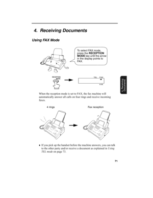 Page 7371
4. Receiving
Documents
When the reception mode is set to FAX, the fax machine will 
automatically answer all calls on four rings and receive incoming 
faxes.
4 rings Fax reception
♦
If you pick up the handset before the machine answers, you can talk 
to the other party and/or receive a document as explained in Using 
TEL mode
 on page 73.
To select FAX mode, 
press the RECEPTION 
MODE
 key until the arrow 
in the display points to 
FAX.
FAX
TEL
A.M.
4.  Receiving Documents
Using FAX Mode
RECEPTION...