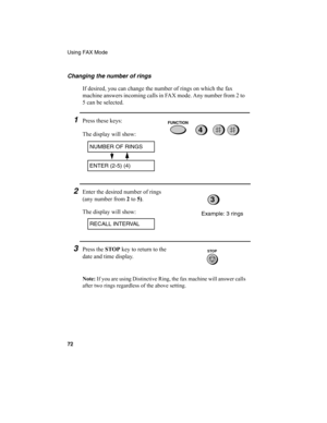 Page 74Using FAX Mode
72
Changing the number of rings
If desired, you can change the number of rings on which the fax 
machine answers incoming calls in FAX mode. Any number from 2 to 
5 can be selected.
1Press these keys:
The display will show:
2Enter the desired number of rings 
(any number from 2
 to 5)
.
The display will show:
4
3Press the STOP
 key to return to the 
date and time display.
RECALL INTERVAL
NUMBER OF RINGS
ENTER (2-5) (4)
Example: 3 rings
3
FUNCTION
STOP
Note: If you are using Distinctive...