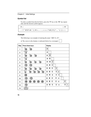 Page 26Symbol list
To enter a symbol from the list below, press the # key or the * key repeat-
edly until the desired symbol appears.
A
A
A
A
A
B
B
B
C AB
C
ABC
C
ABCC
o
AB
CCo
.
ABCCo
.
ABC C o.#
ABC
Co
.#
1
# ®                                                                                                                        ¬ *
.  /  !    #  $  %  &  ’  (  )  +  +  ,  -  :  ;  <  =  >  ?  @  [  ¥  ]  ^  _  p  {  |  } ®  ¬
Example
The following is an example of entering the name ABC Co. #1.
¨The cursor in...