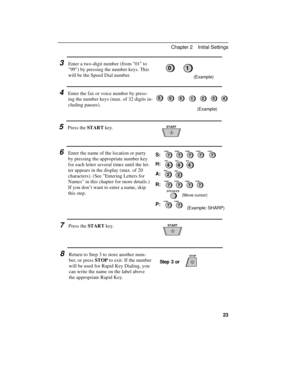 Page 333Enter a two-digit number (from 01 to
99) by pressing the number keys. This
will be the Speed Dial number.
(Example)
4Enter the fax or voice number by press-
ing the number keys (max. of 32 digits in-
cluding pauses).
(Example)
5Press the START key.
6Enter the name of the location or party
by pressing the appropriate number key
for each letter several times until the let-
ter appears in the display (max. of 20
characters). (See Entering Letters for
Names in this chapter for more details.)
If you don’t...