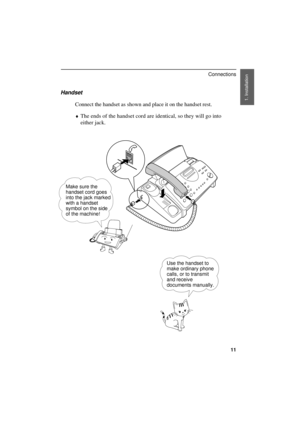 Page 13
Handset
Connect the handset as shown and place it on the handset rest.
¨The ends of the handset cord are identical, so they will go into
either jack.
Make sure the
handset cord goes
into the jack marked
with a handset
symbol on the side
of the machine!
Use the handset to
make ordinary phone
calls, or to transmit
and receive
documents manually.
1. Installation 
Connections
11 