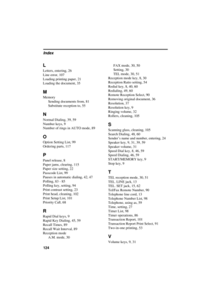 Page 126L
Letters, entering, 26
Line error, 107
Loading printing paper, 21
Loading the document, 35
M
Memory
Sending documents from, 81
Substitute reception to, 55
N
Normal Dialing, 39, 59
Number keys, 9
Number of rings in AUTO mode, 89
O
Option Setting List, 99
Ordering parts, 117
P
Panel release, 8
Paper jams, clearing, 115
Paper size setting, 22
Passcode List, 99
Pauses in automatic dialing, 42, 47
Polling, 83 - 85
Polling key, setting, 94
Print contrast setting, 23
Print head, cleaning, 102
Print Setup List,...