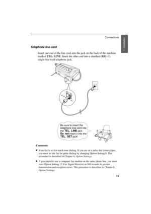 Page 15
Telephone line cord
Insert one end of the line cord into the jack on the back of the machine
marked TEL. LINE. Insert the other end into a standard (RJ11C)
single-line wall telephone jack.
Be sure to insert the
telephone line cord into
the 
TEL. LINE jack.
Do not insert it into the
TEL. SET jack!
Comments:
·
·· ·Your fax is set for touch-tone dialing. If you are on a pulse dial (rotary) line,
you must set the fax for pulse dialing by changing Option Setting 8. This
procedure is described in Chapter 8,...