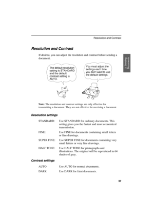 Page 39UX300U-BOPS3

Resolution and Contrast
If desired, you can adjust the resolution and contrast before sending a
document. 
The default resolution
setting is STANDARD
and the default
contrast setting is
AUTO.You must adjust the
settings each time
you don’t want to use
the default settings.
Note:The resolution and contrast settings are only effective for
transmitting a document. They are not effective for receiving a document.
Resolution settings
STANDARD: Use STANDARD for ordinary documents. This
setting...